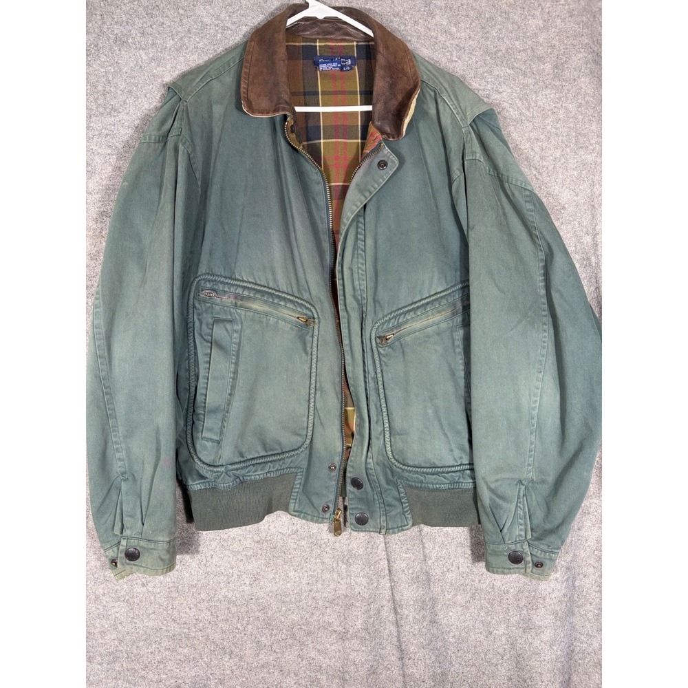 Vintage Nautica Mens Large Green Cotton Bomber Jacket Leather Collar Plaid Lined